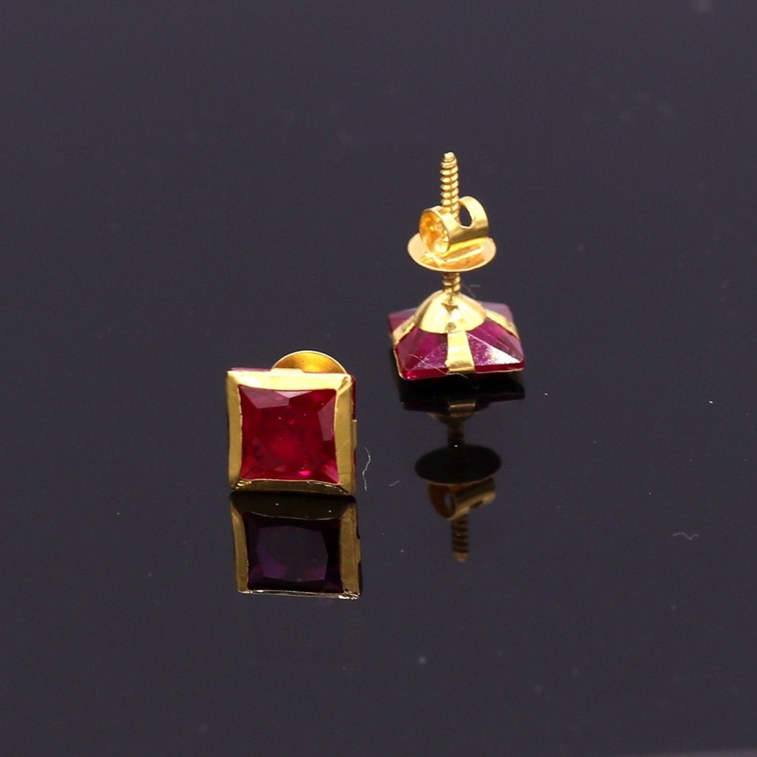 18kt yellow gold handmade fabulous ruby color stone stud earring unisex gifting jewelry - TRIBAL ORNAMENTS