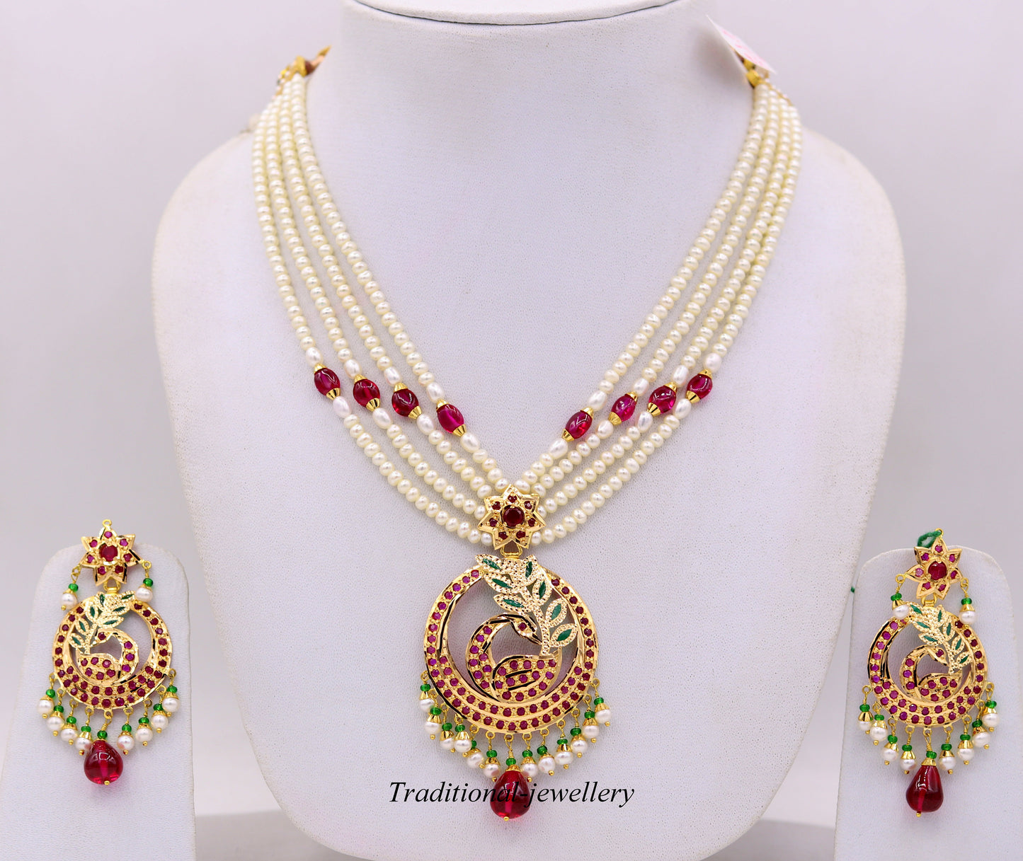 Vintage handmade punjabi muslim fabulous peacock designer necklace set with ruby pearl emerald color stone - TRIBAL ORNAMENTS