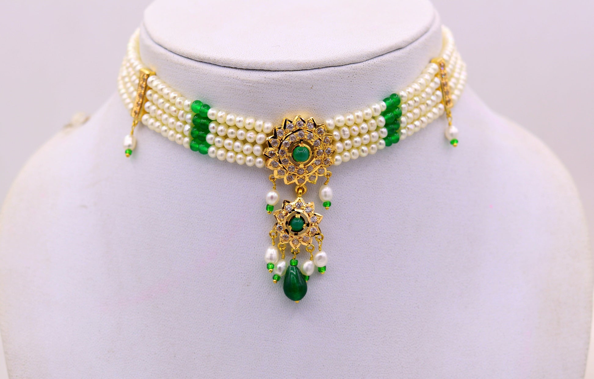 Vintage handmade 22karat yellow gold punjabi necklace with earrings, Fabulous green stone pearl necklace set wedding jewelry - TRIBAL ORNAMENTS