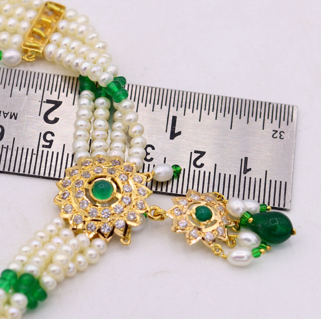 Vintage handmade 22karat yellow gold punjabi necklace with earrings, Fabulous green stone pearl necklace set wedding jewelry - TRIBAL ORNAMENTS