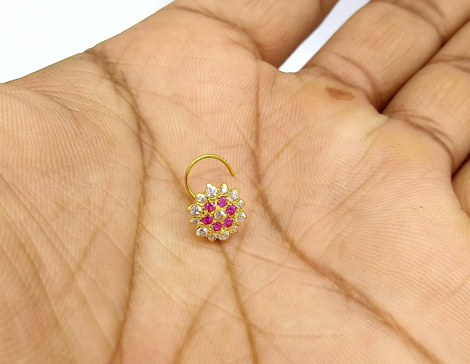 18k yellow gold handmade fabulous cubic zircon stone nose pin excellent antique vintage design tribal jewelry - TRIBAL ORNAMENTS