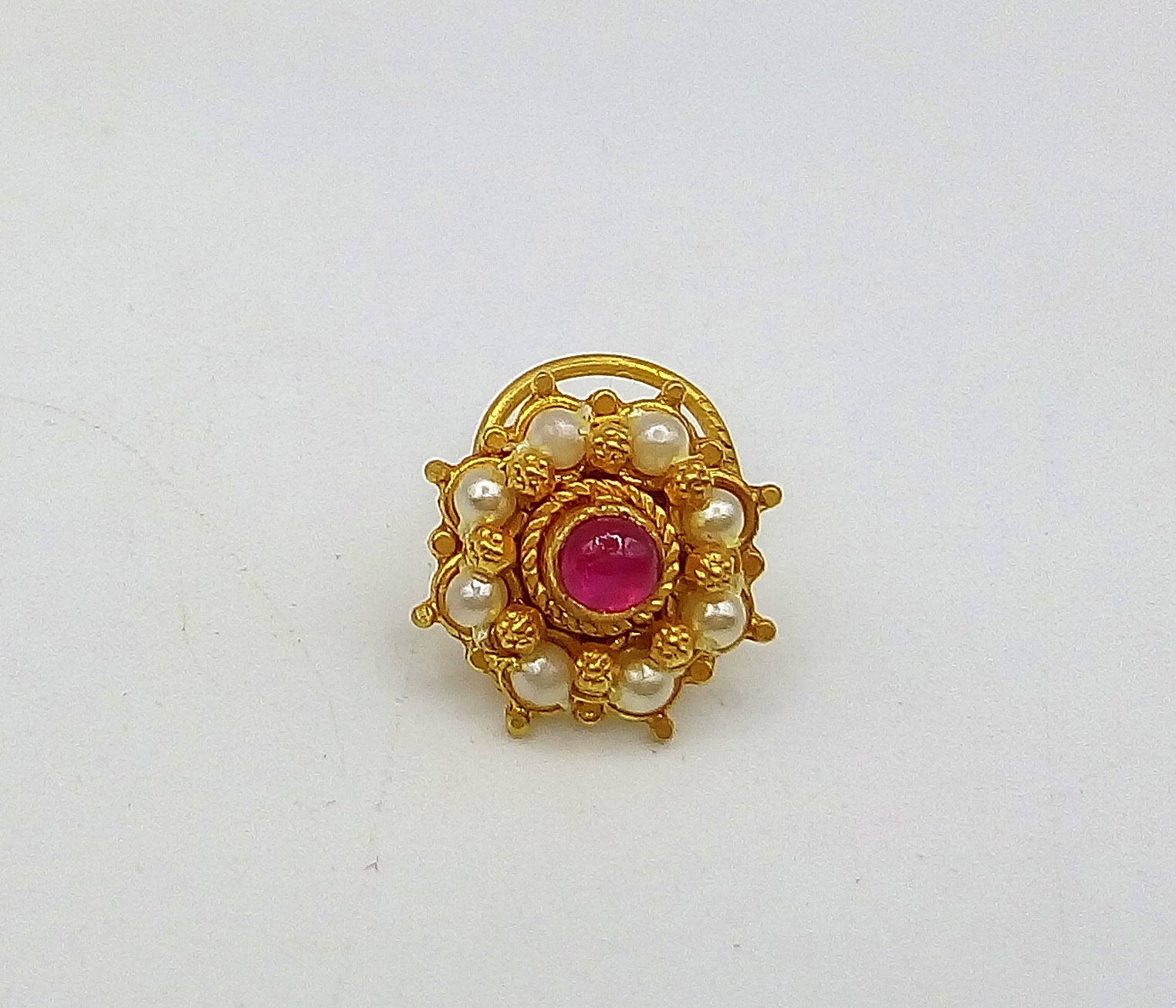 20k yellow gold handmade fabulous red stone pearl nose pin excellent antique vintage design tribal jewelry gnp21 - TRIBAL ORNAMENTS