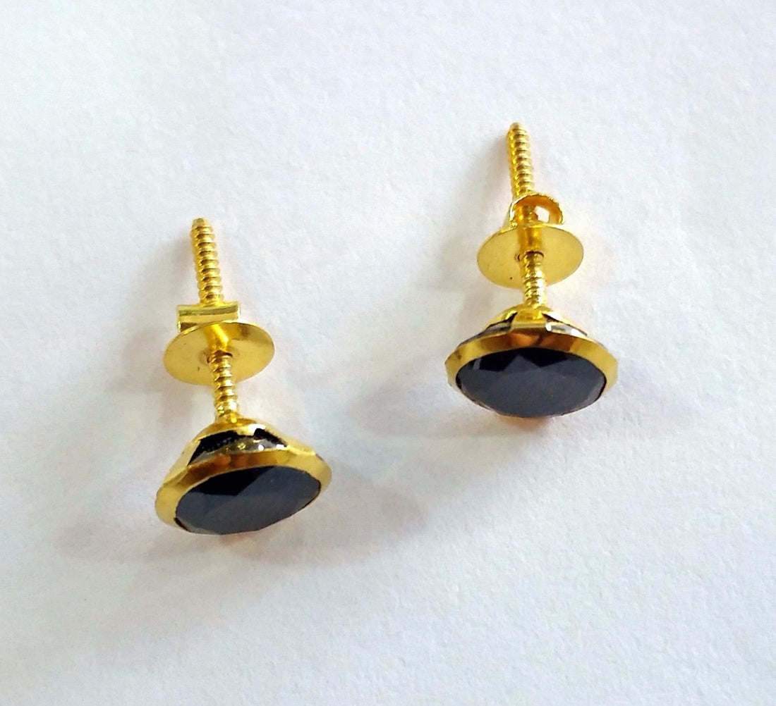 Genuine 18k yellow gold handmade fabulous black onyx stone excellent antique vintage design stud earrings pair unisex jewelry - TRIBAL ORNAMENTS