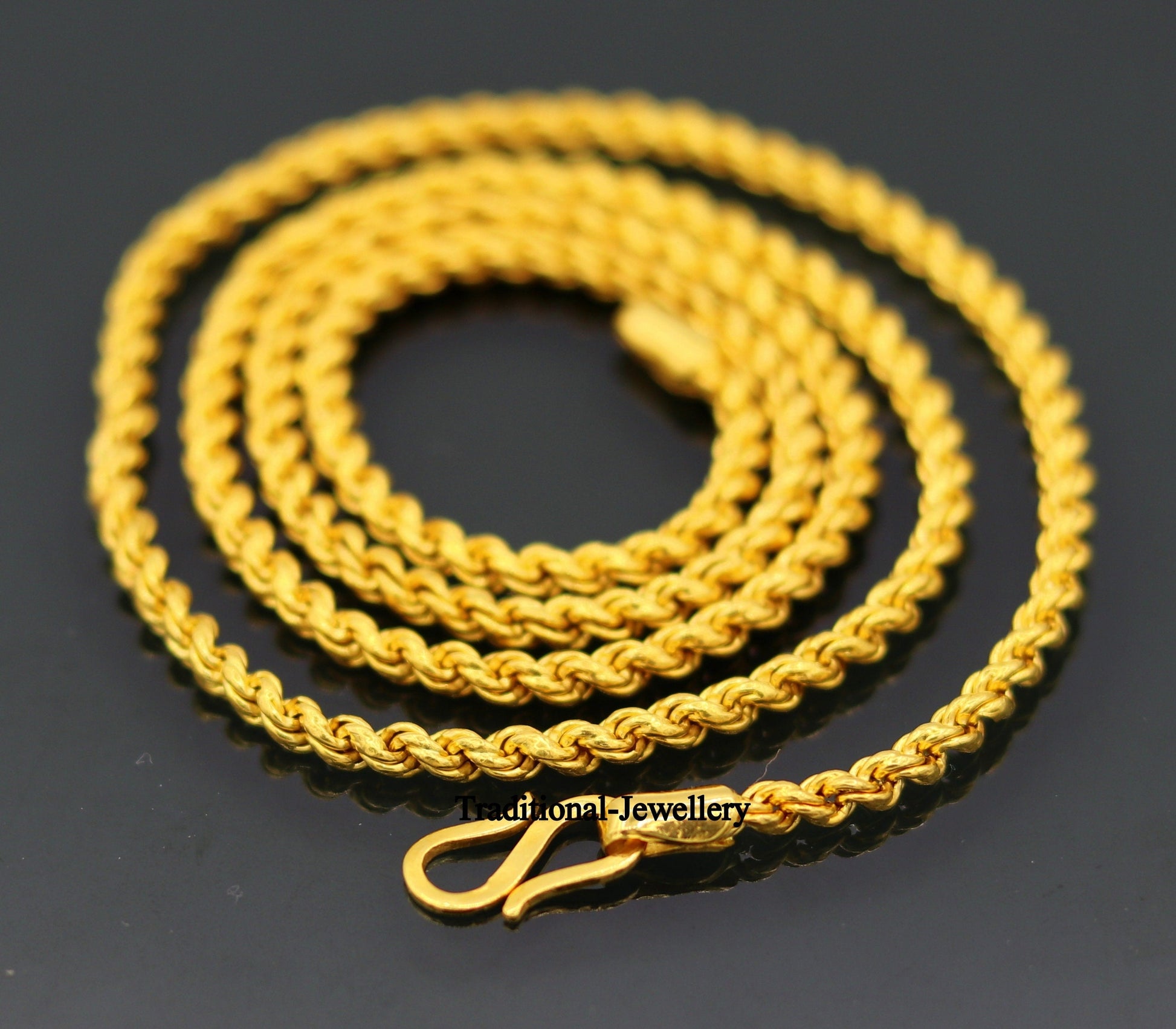 22karat yellow gold handmade fabulous rope chain necklace long excellent 3mm wide gold unisex chain ch164 - TRIBAL ORNAMENTS