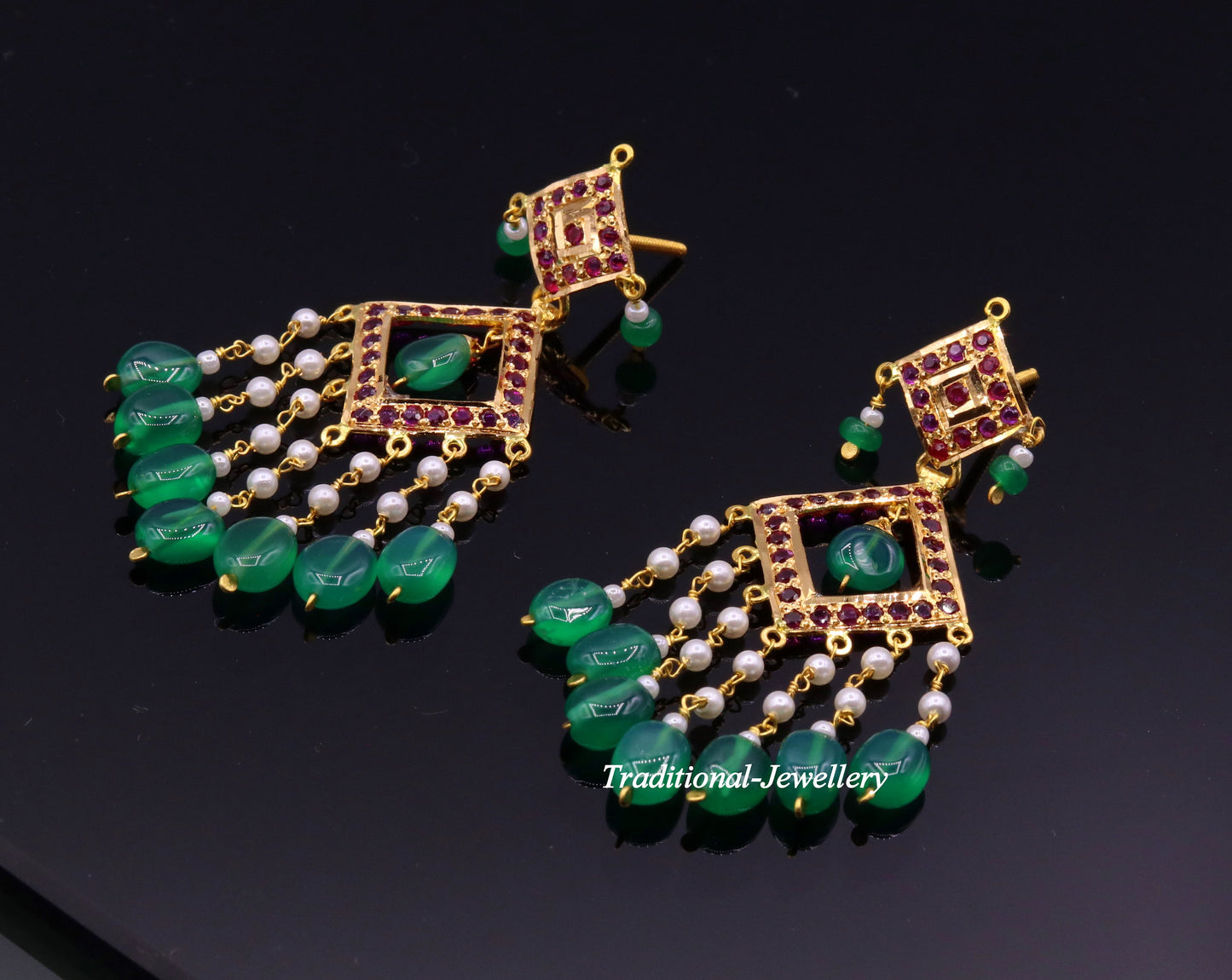 Authentic 22kt yellow gold handmade jadau earring dangling fabulous wedding anniversary gifting jewelry from rajasthan India - TRIBAL ORNAMENTS