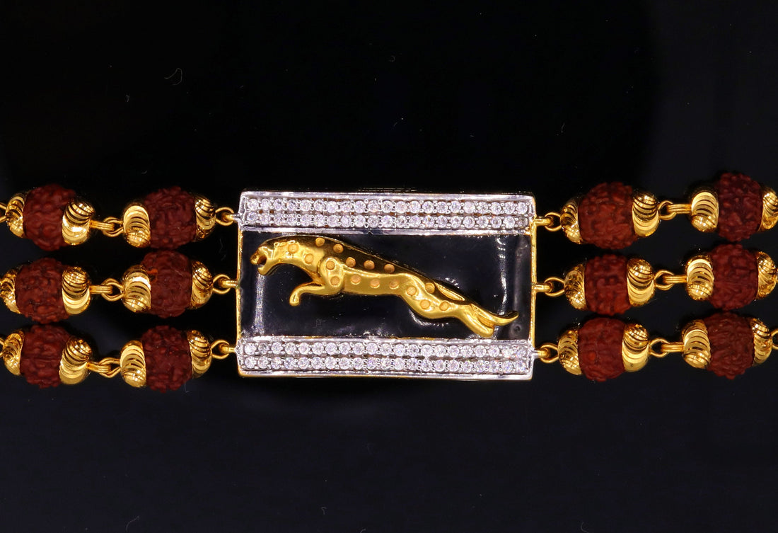 Genuine 22k yellow gold handmade top class natural rudraksha beads bracelet with fabulous tiger design men's jewelry - TRIBAL ORNAMENTS