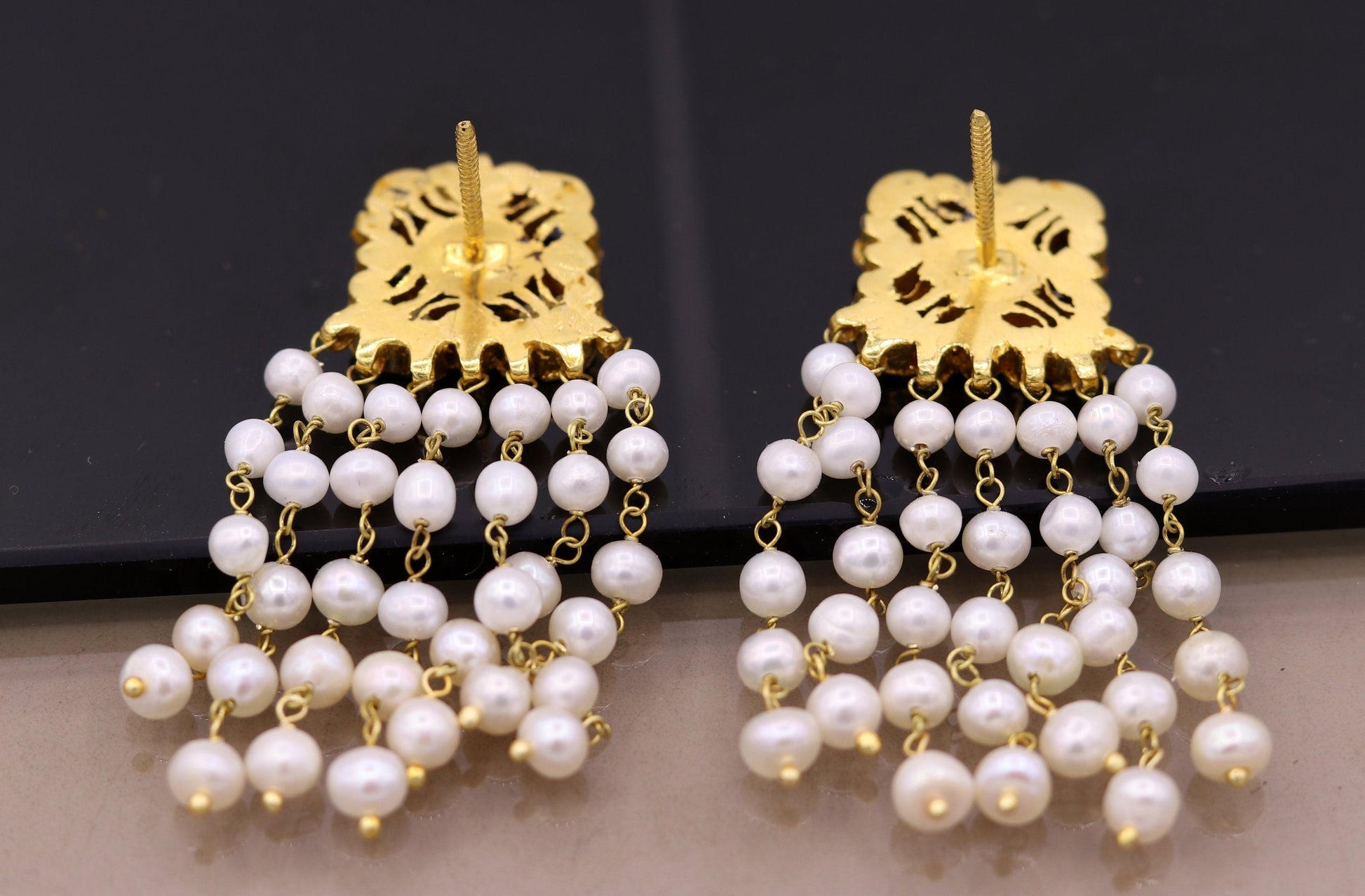 22k yellow gold handmade fabulous kundan jadau stud with dangling pearl excellent bridal jewelry er81 - TRIBAL ORNAMENTS