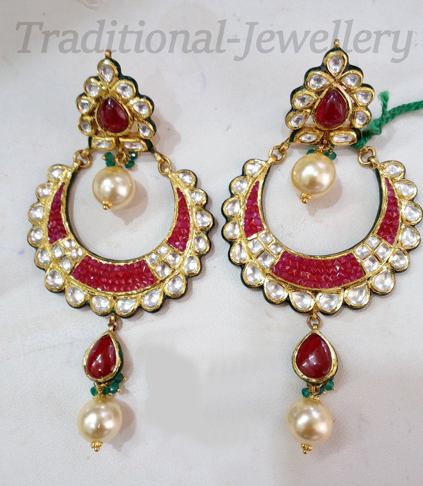 22 k yellow gold handmade fabulous kundan jadau earrings stud with dangling pearl excellent bridal jewelry er63 - TRIBAL ORNAMENTS