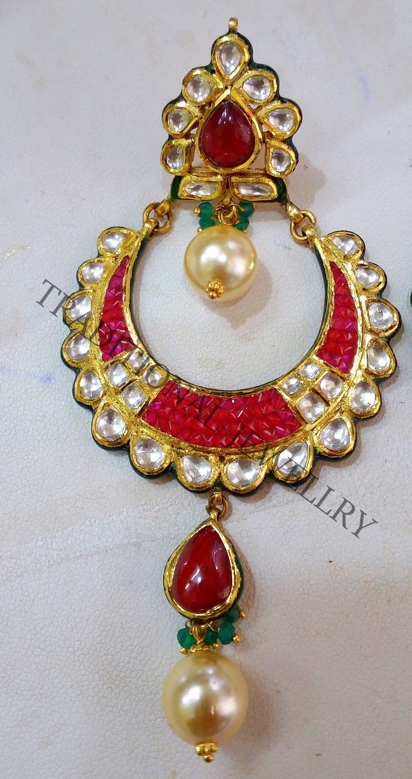 22 k yellow gold handmade fabulous kundan jadau earrings stud with dangling pearl excellent bridal jewelry er63 - TRIBAL ORNAMENTS