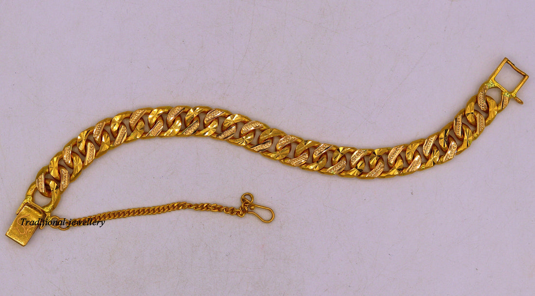 Authentic 22kt yellow gold handmade solid gold curb cuban link chain bracelet fabulous diamond cut design men's jewelry br21 - TRIBAL ORNAMENTS