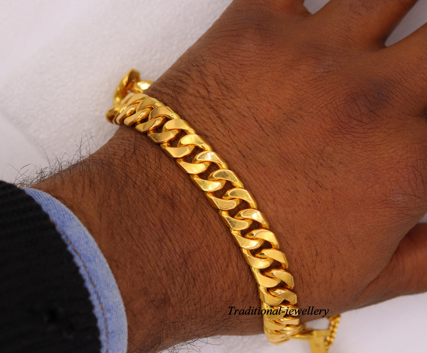 Vintage Om Aum 22kt yellow gold handmade solid gold curb cuban link chain bracelet fabulous men's jewelry br22 - TRIBAL ORNAMENTS