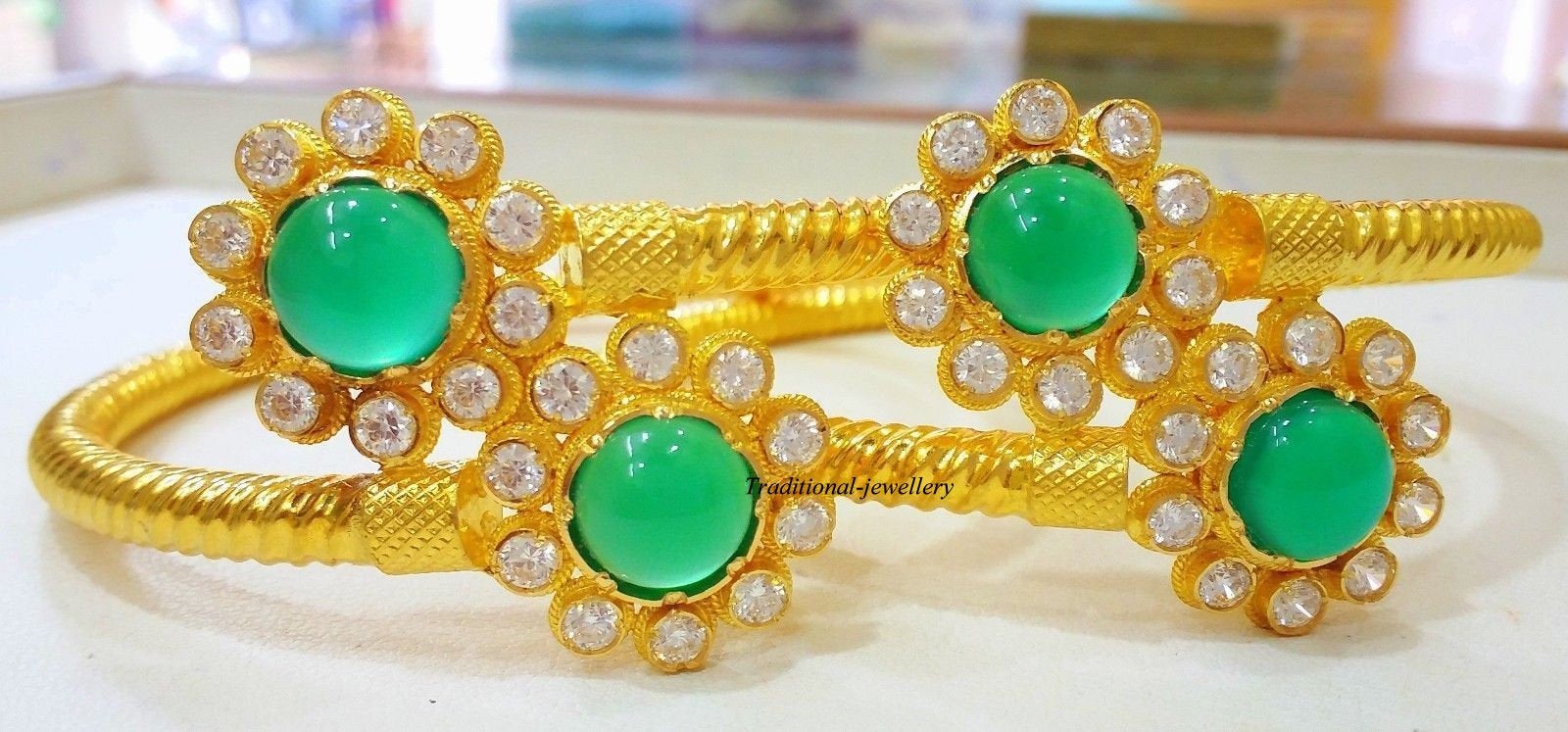 22k yellow gold handmade women's bangle bracelet kangan set with fabulous stone work traditional jewelry from Rajasthan India - TRIBAL ORNAMENTS
