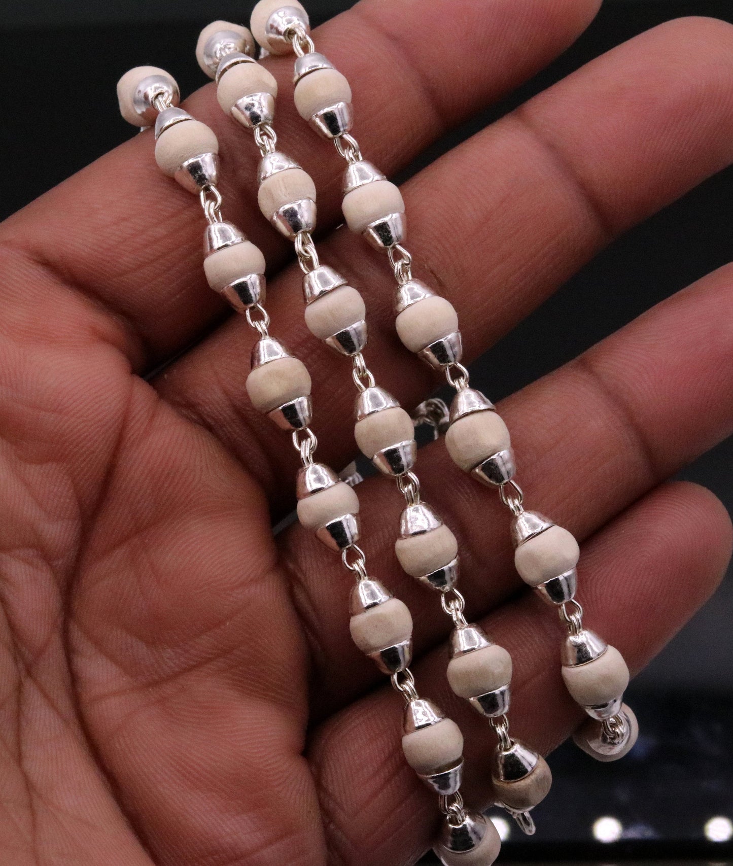 925 Silver handcrafted Basil rosary plant beads necklace chain tulsi mala use for Ayurveda for feel protected and focused from India ch18 - TRIBAL ORNAMENTS