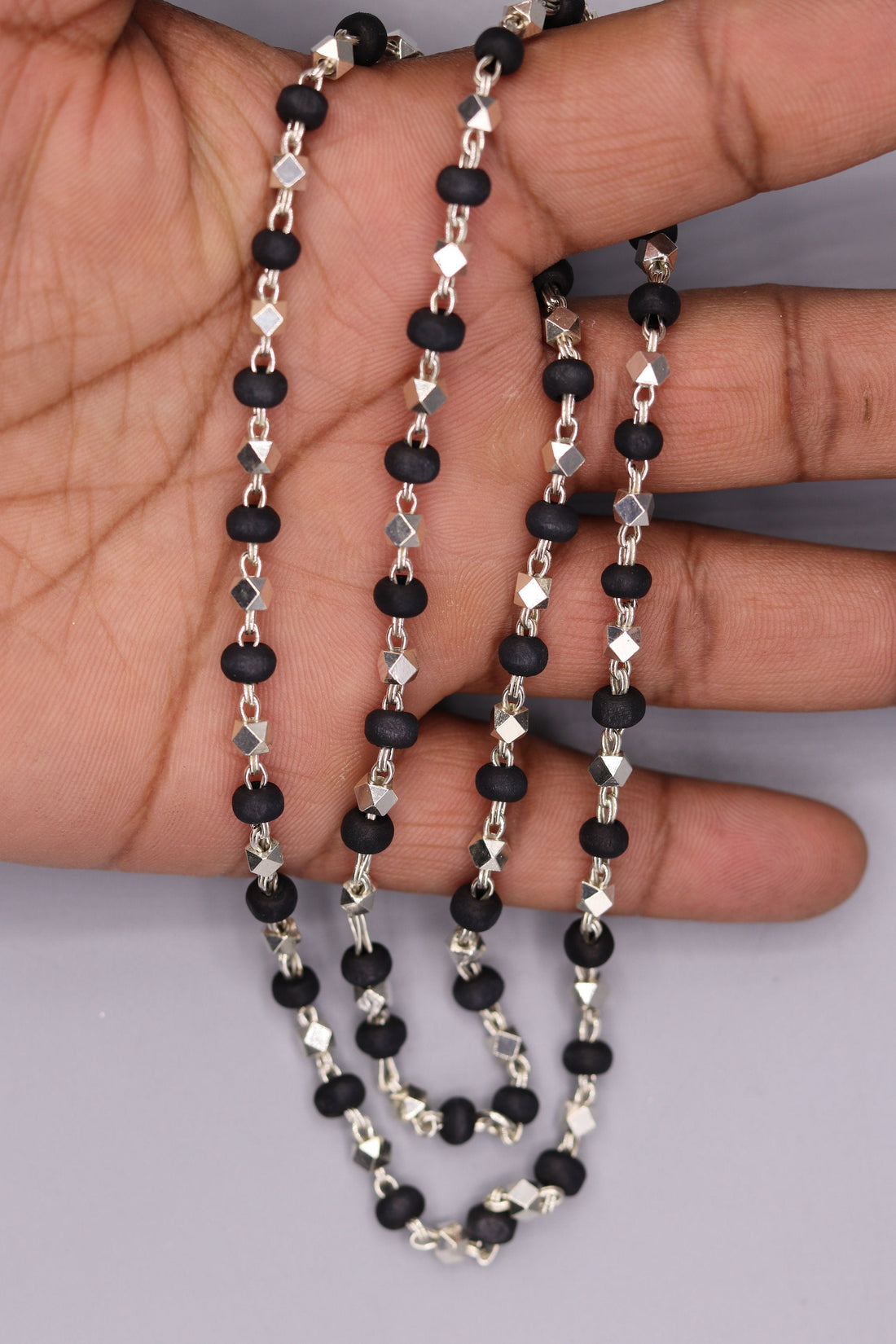 925 Silver handcrafted Black Basil rosary beads with silver beads necklace chain tulsi mala use in Ayurveda feel protected and focused ch20 - TRIBAL ORNAMENTS