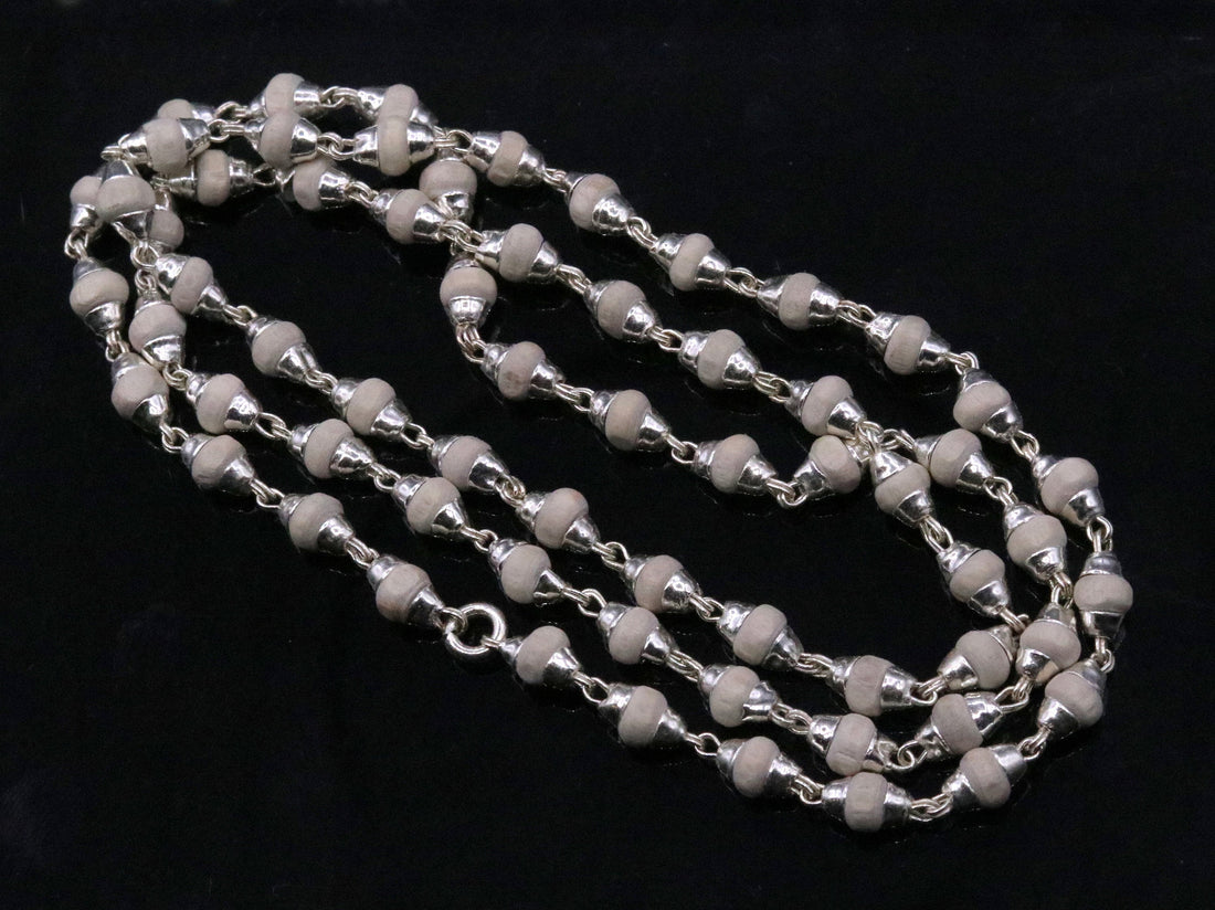 Silver handcrafted Basil rosary plant beads necklace chain tulsi mala use for Ayurveda for feel protected and focused from India ch21 - TRIBAL ORNAMENTS