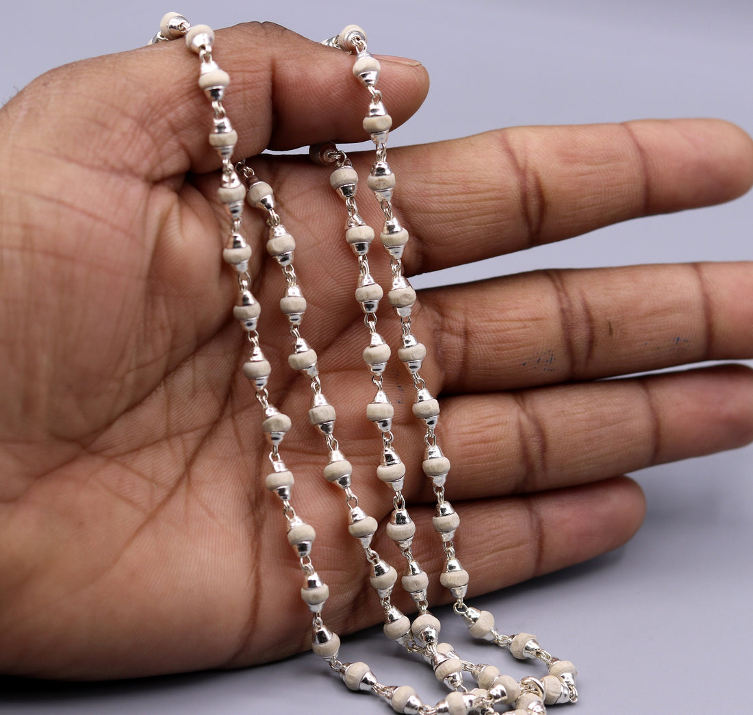 Silver handcrafted Basil rosary plant beads necklace chain tulsi mala use for Ayurveda for feel protected and focused from India ch21 - TRIBAL ORNAMENTS