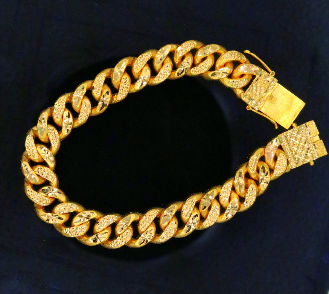 22k yellow gold solid link chain bracelet with fabulous diamond cut design unique locking system men's heavy bracelet gifting jewelry - TRIBAL ORNAMENTS