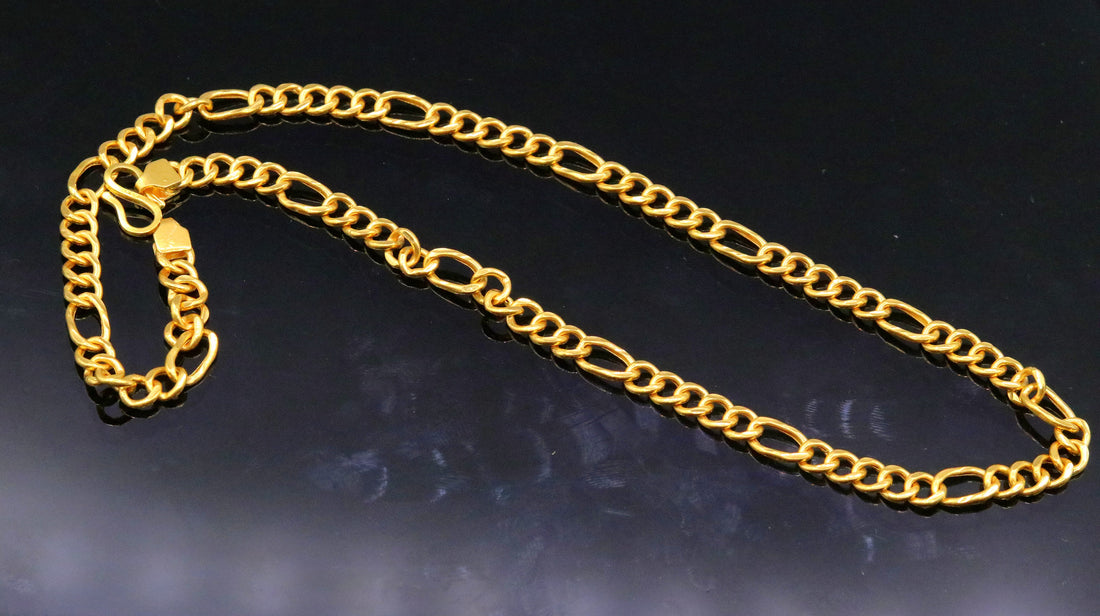 Genuine 22 karat gold fabulous Figaro link chain handmade 20 inches chain necklace men's women's jewelry from Rajasthan India ch173 - TRIBAL ORNAMENTS