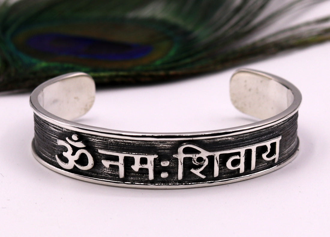 Handmade 925 Sterling silver solid kada bracelet mantra bracelet "aum namah shivay "open face kada from rajasthan india nsk42 - TRIBAL ORNAMENTS