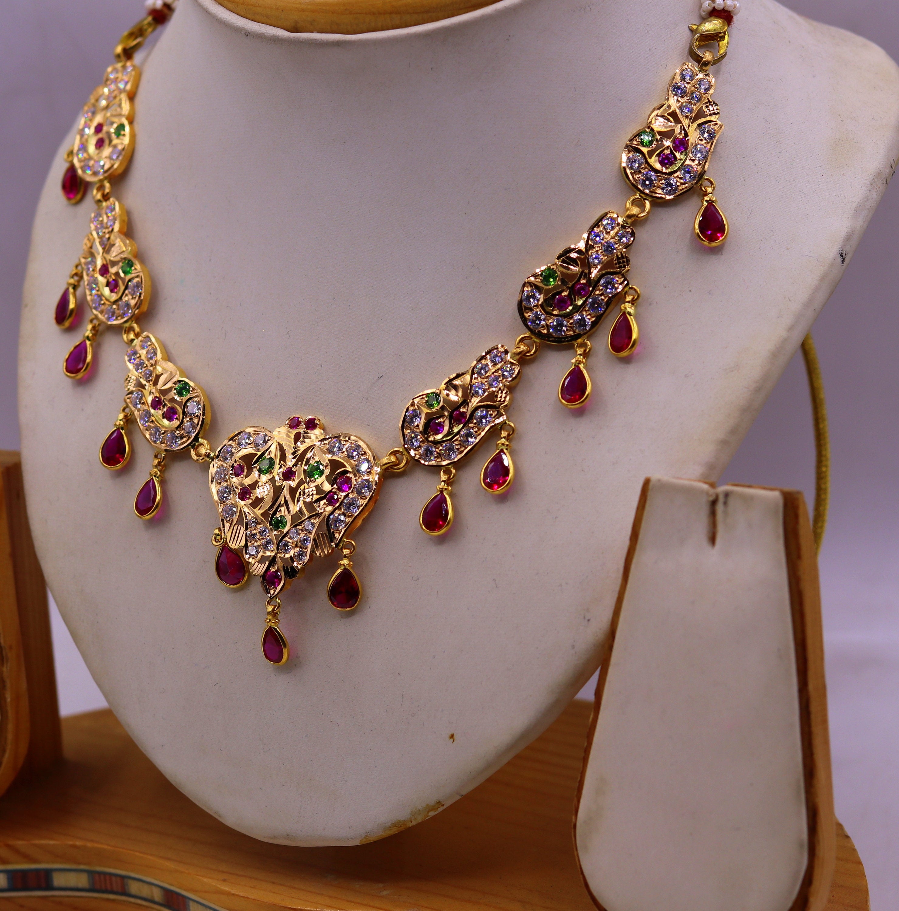 Indian Gold Set (22K) - AjNs54992 - 22K Gold Necklace and Earrings set with  filigree design and polki type stones studded. Earring :