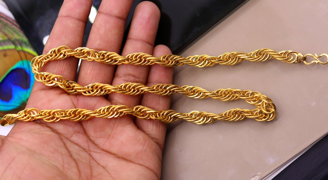 22kt yellow gold handmade fabulous certified gold link chain twisted design necklace unisex gifting jewelry from india - TRIBAL ORNAMENTS