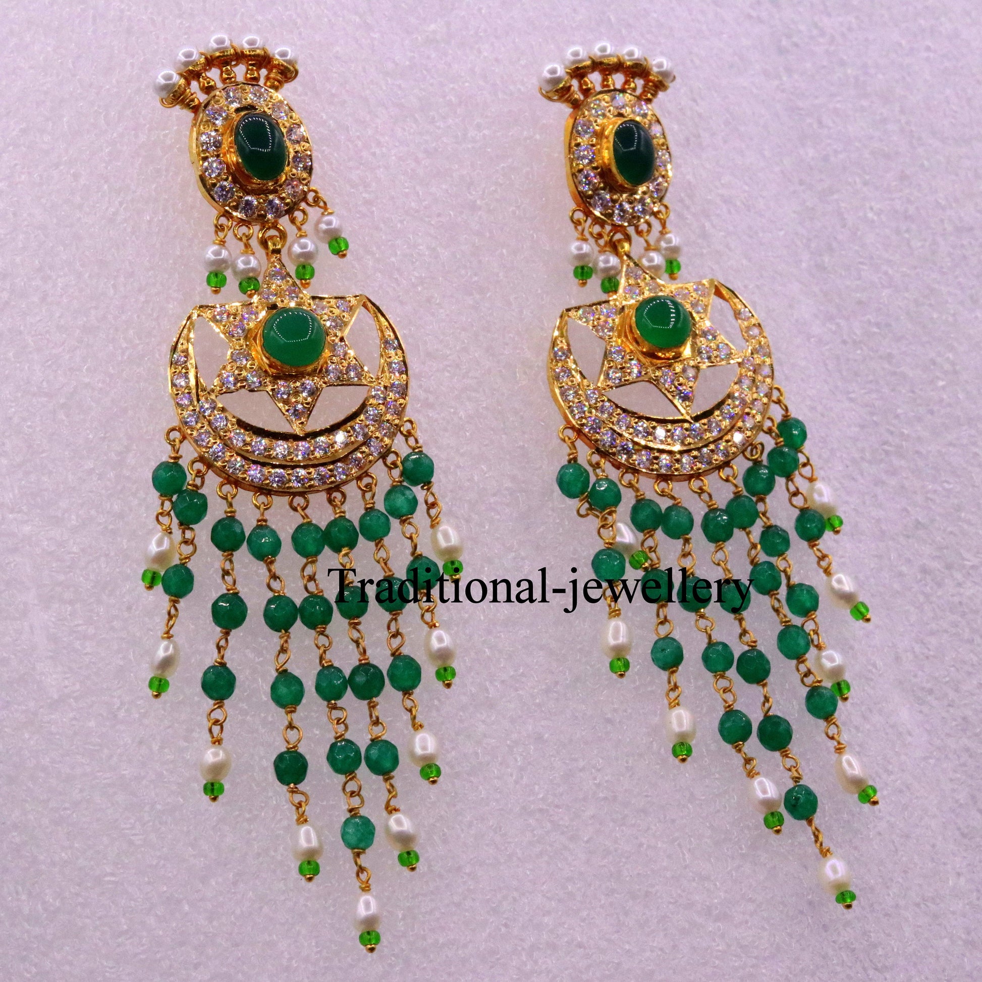 22kt yellow gold handmade gorgeous earrings drop dangle earrings pair chandbala with color beads bridal look jewelry er85 - TRIBAL ORNAMENTS