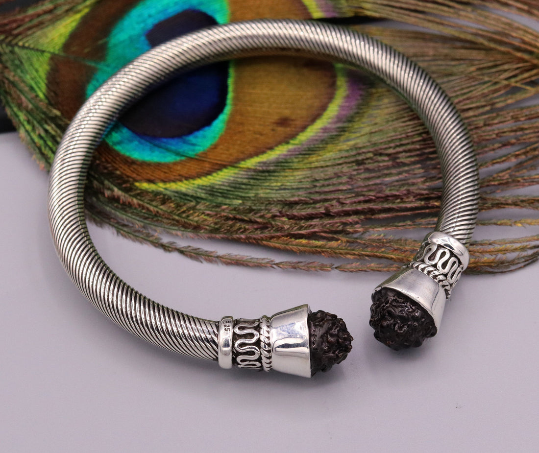 Handmade 925 sterling silver antique style bangle bracelet kada with amazing rudraksha beads open face unisex jewelry nsk57 - TRIBAL ORNAMENTS