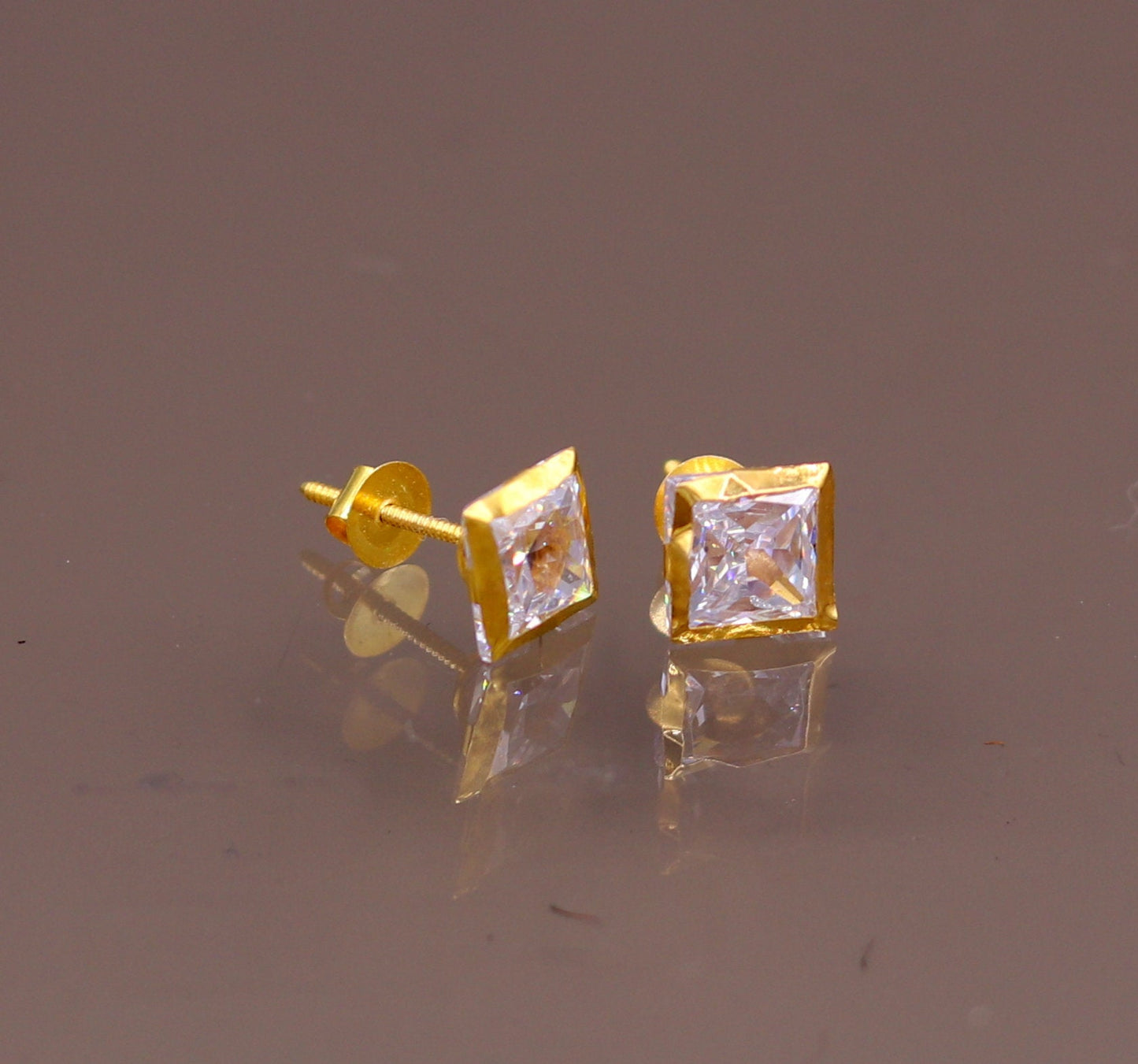 18 karat yellow gold handmade amazing square shape cubic zircon stone stud earring unisex jewelry er89 - TRIBAL ORNAMENTS