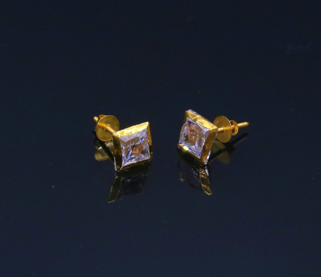 18 karat yellow gold handmade amazing square shape cubic zircon stone stud earring unisex jewelry er89 - TRIBAL ORNAMENTS