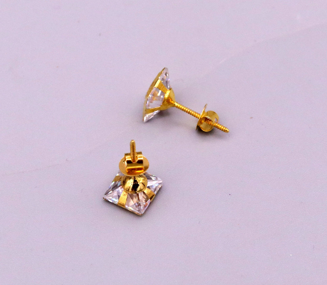 18 karat yellow gold handmade amazing square shape cubic zircon stone stud earring unisex jewelry er89 - TRIBAL ORNAMENTS