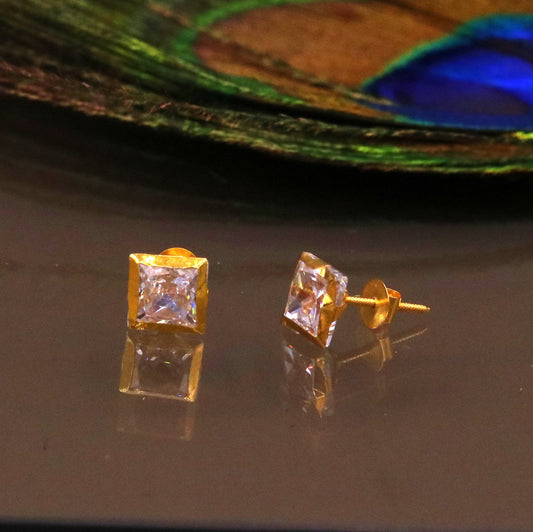 18 karat yellow gold handmade amazing square shape cubic zircon stone stud earring unisex jewelry er89 - TRIBAL ORNAMENTS