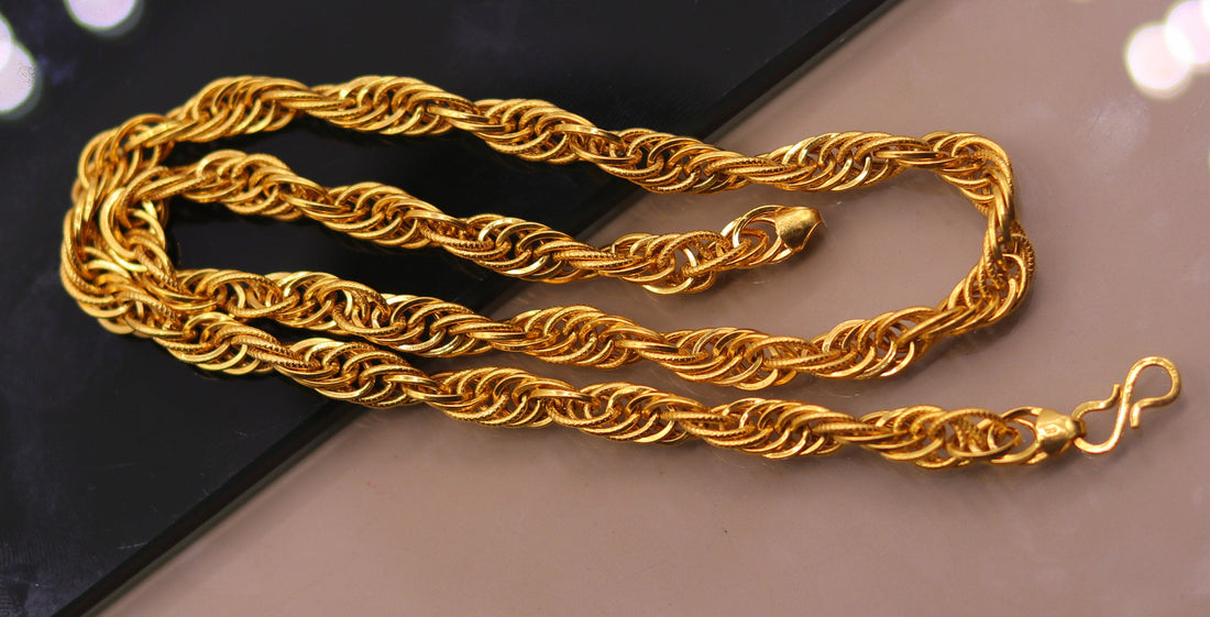22kt yellow gold handmade fabulous certified gold link chain twisted design necklace unisex gifting jewelry from india - TRIBAL ORNAMENTS