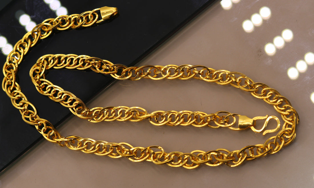 22k yellow gold certified authentic chain necklace gorgeous design link chain unisex jewelry from rajasthan india - TRIBAL ORNAMENTS