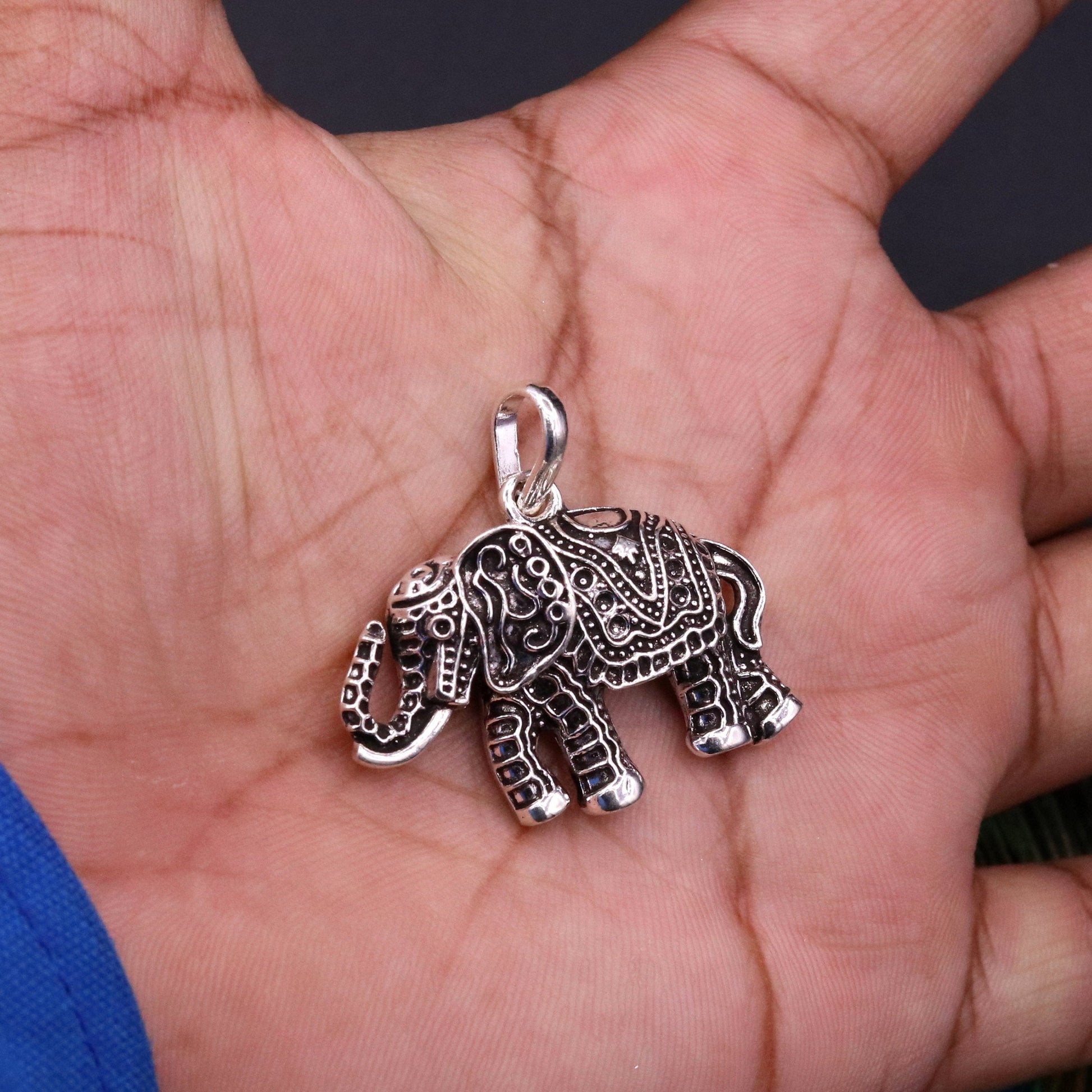 925 Sterling silver solid handmade elephant pendant excellent oxidized pendant with solid wheat chain tribal jewelry india nsp38 - TRIBAL ORNAMENTS