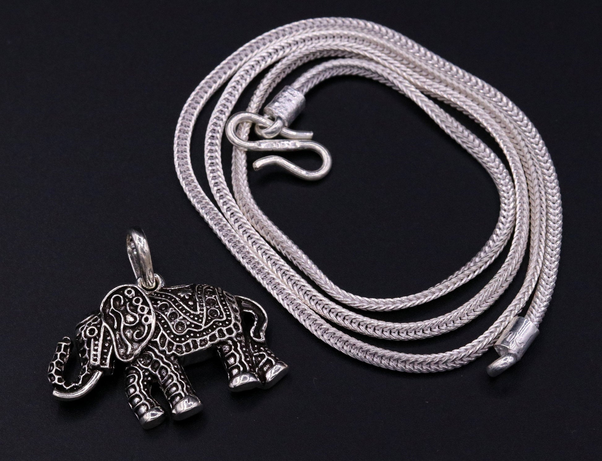 925 Sterling silver solid handmade elephant pendant excellent oxidized pendant with solid wheat chain tribal jewelry india nsp38 - TRIBAL ORNAMENTS