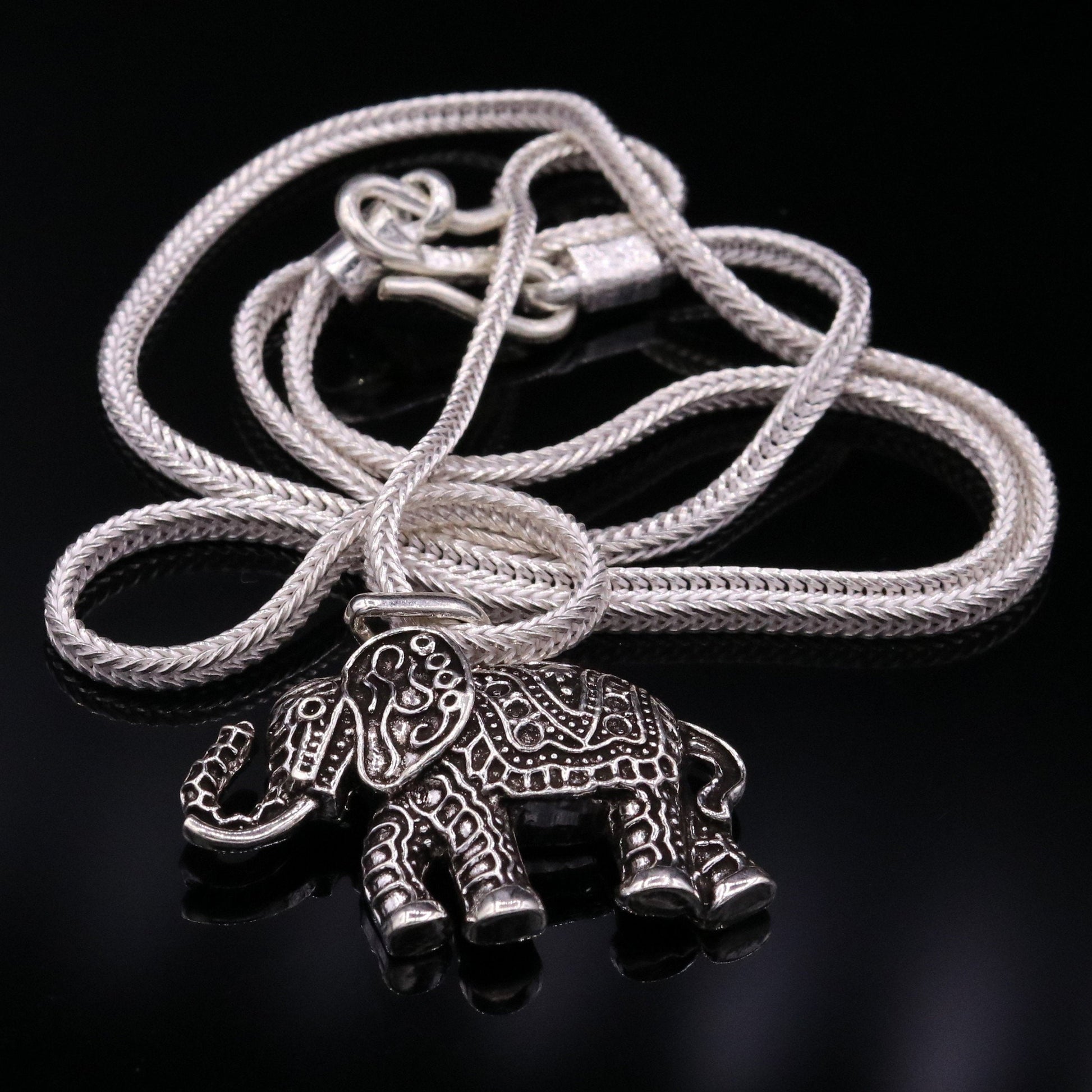 925 Sterling silver solid handmade elephant pendant excellent oxidized pendant with solid wheat chain tribal jewelry india nsp38 - TRIBAL ORNAMENTS