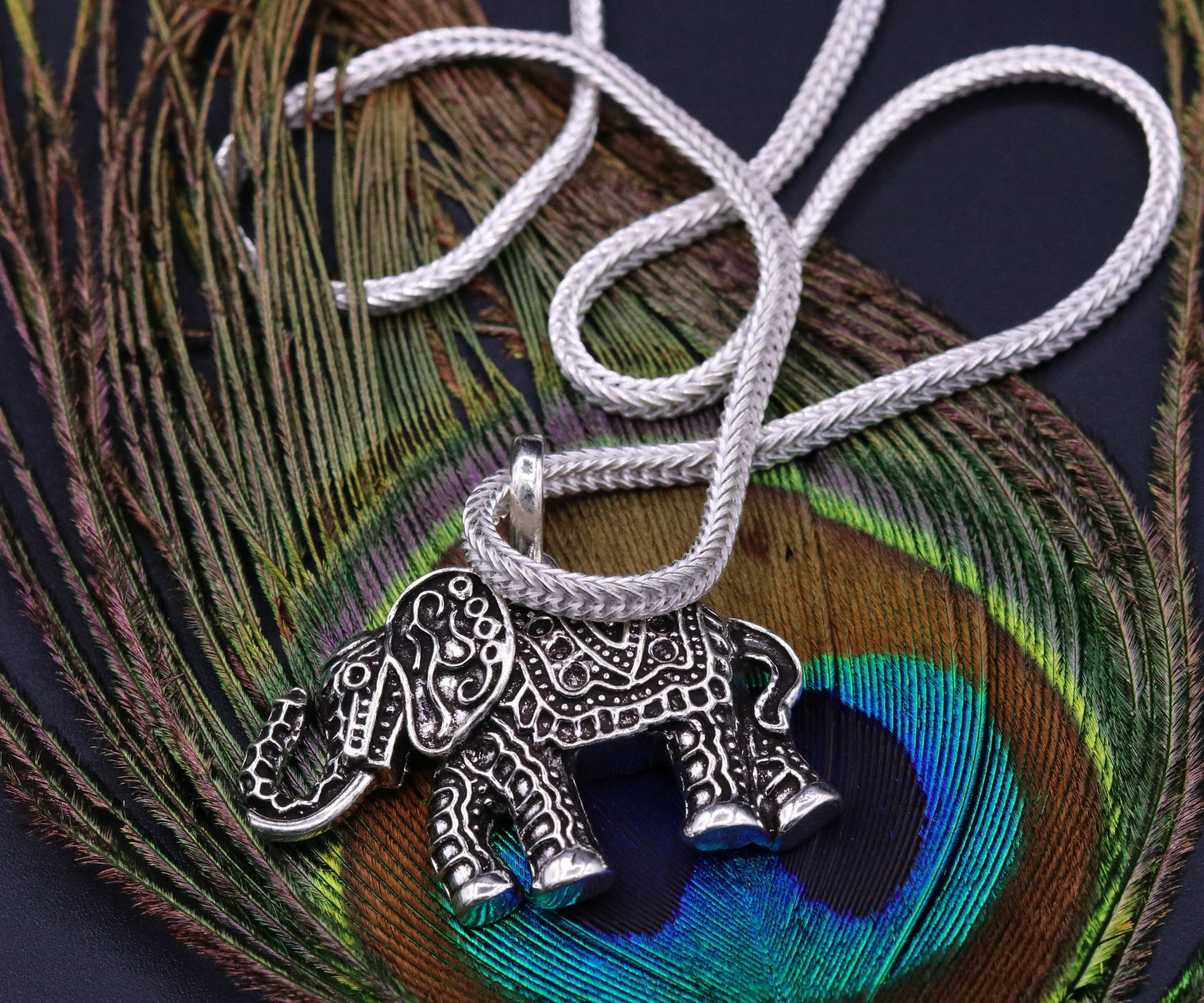 925 Sterling silver solid handmade elephant pendant excellent oxidized pendant with solid wheat chain tribal jewelry india nsp38 - TRIBAL ORNAMENTS