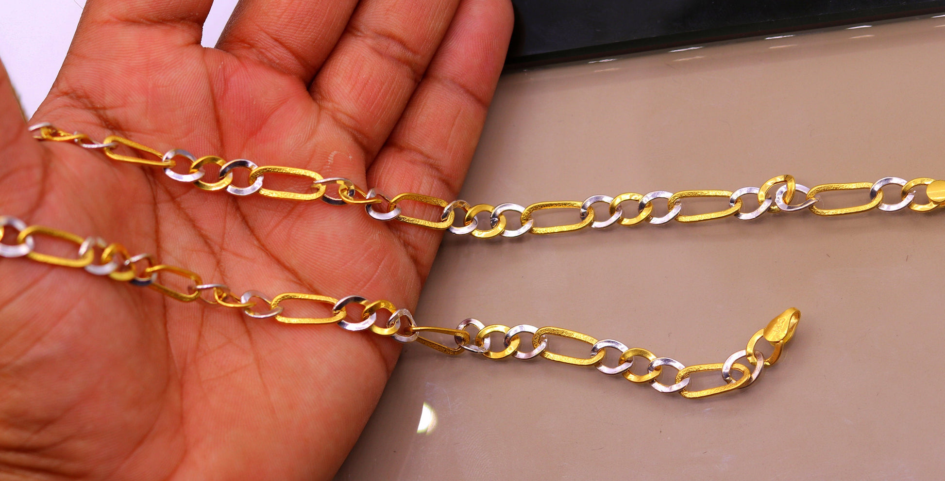 22kt yellow gold handmade chain with rhodium color design amazing figaro chain unisex gifting necklace ch190 - TRIBAL ORNAMENTS