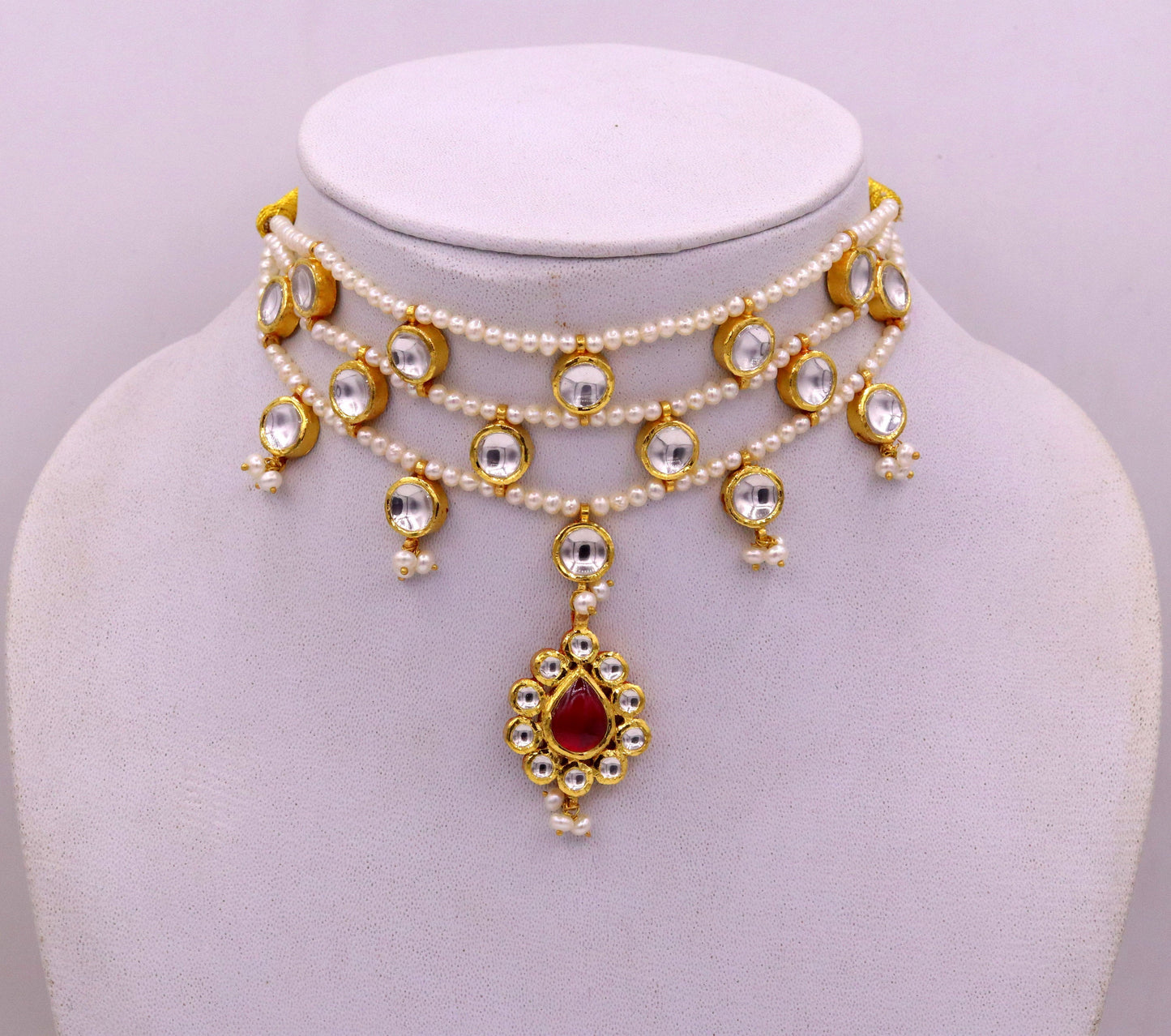 22K yellow gold handmade traditional Rajput antique style solid gold necklace with gorgeous tiny peal stone from Rajasthan India - TRIBAL ORNAMENTS