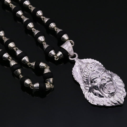 Vintage 925 Sterling silver Lord Vishnu avatar Narsimha pendant with Black basil rosary beads (tulsi mala )tribal necklace jewelry set39 - TRIBAL ORNAMENTS