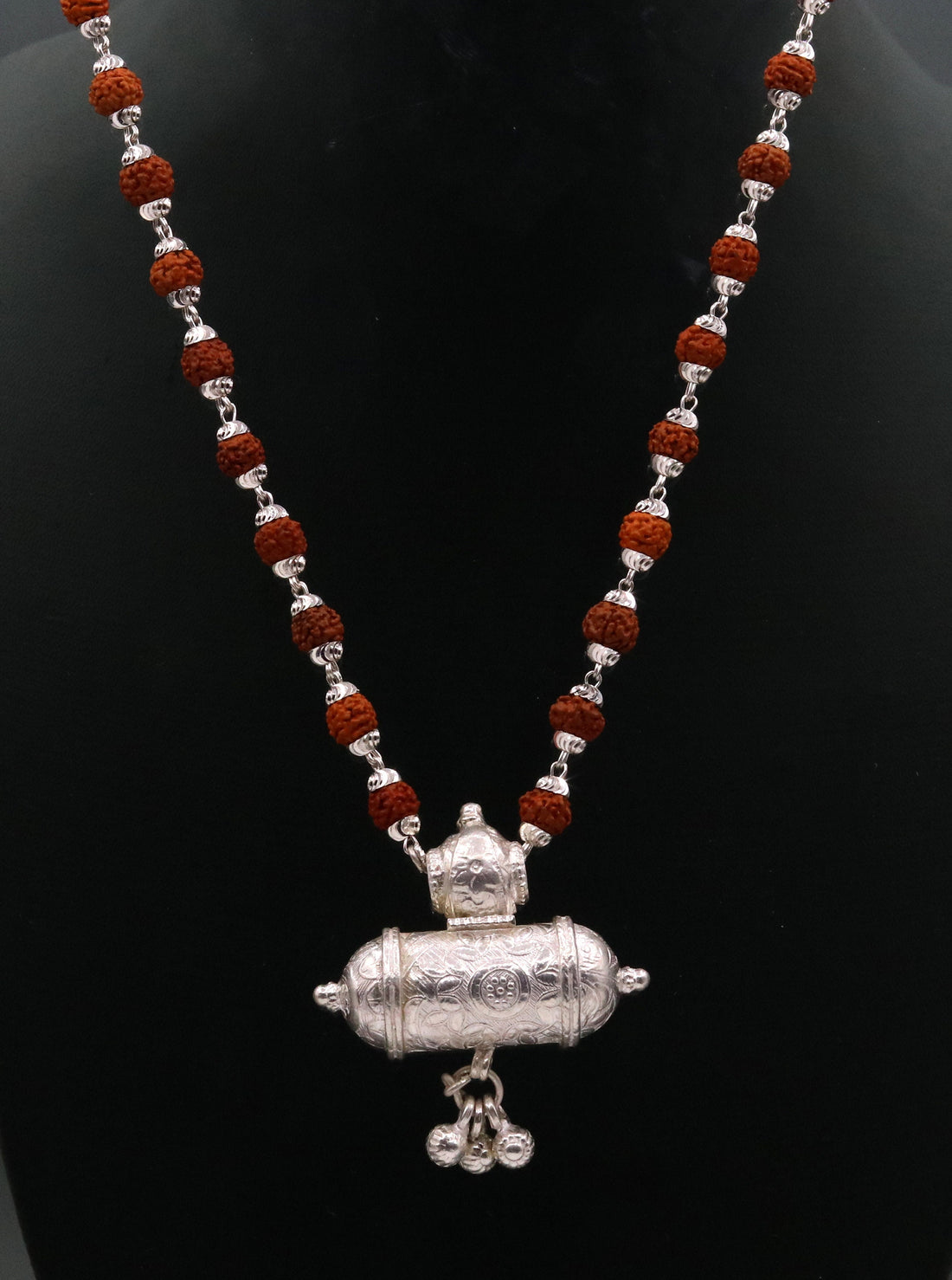 vintage design silver handmade amulet pendant amazing hanging bells with Natural rudraksha beads seeds necklace jewelry from india set41 - TRIBAL ORNAMENTS