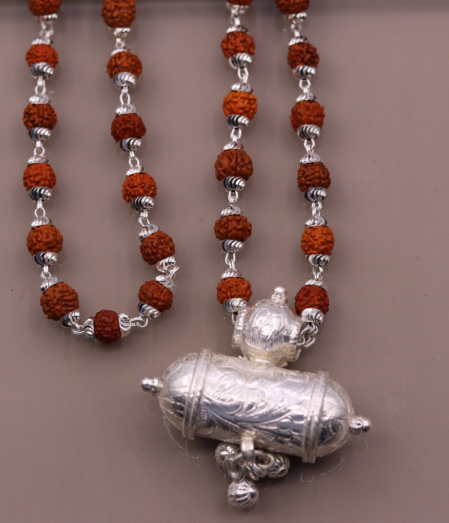 vintage design silver handmade amulet pendant amazing hanging bells with Natural rudraksha beads seeds necklace jewelry from india set41 - TRIBAL ORNAMENTS