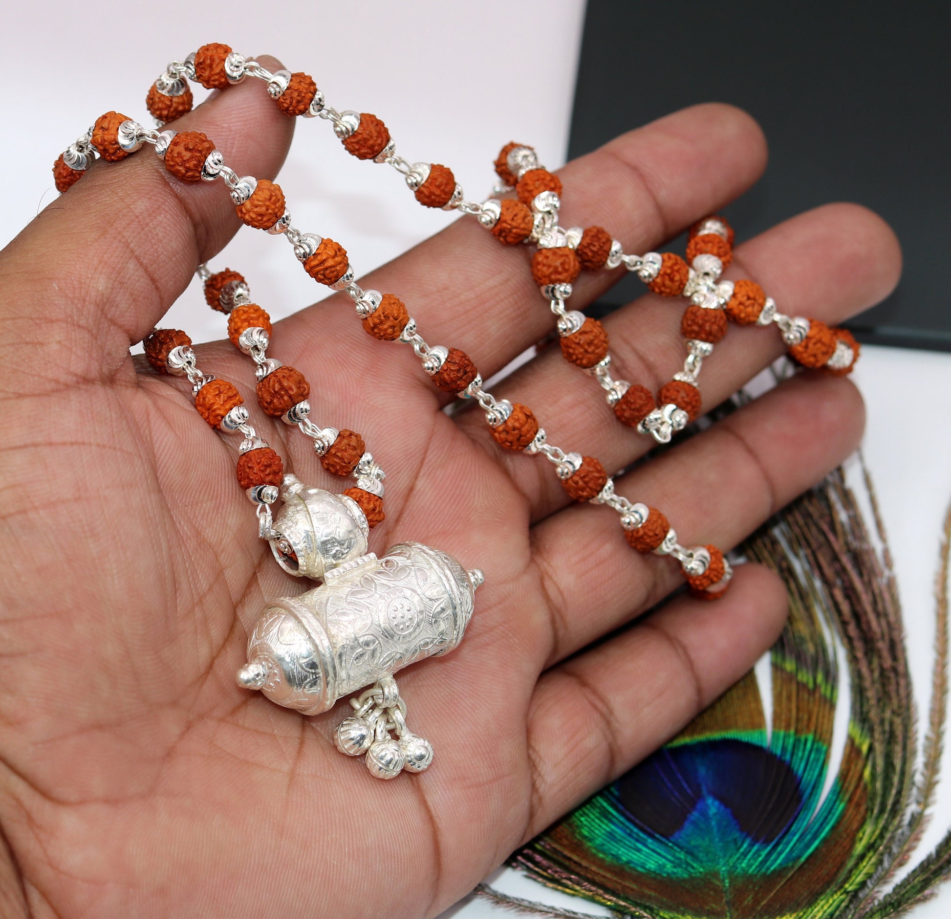 vintage design silver handmade amulet pendant amazing hanging bells with Natural rudraksha beads seeds necklace jewelry from india set41 - TRIBAL ORNAMENTS