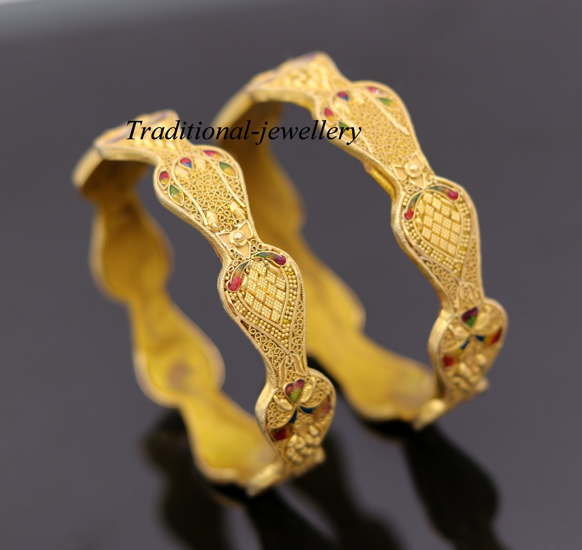 Genuine 22Kt yellow gold handmade solid filigree work bangle bracelet amazing design women's girl's bridal ba40  jewelry - TRIBAL ORNAMENTS