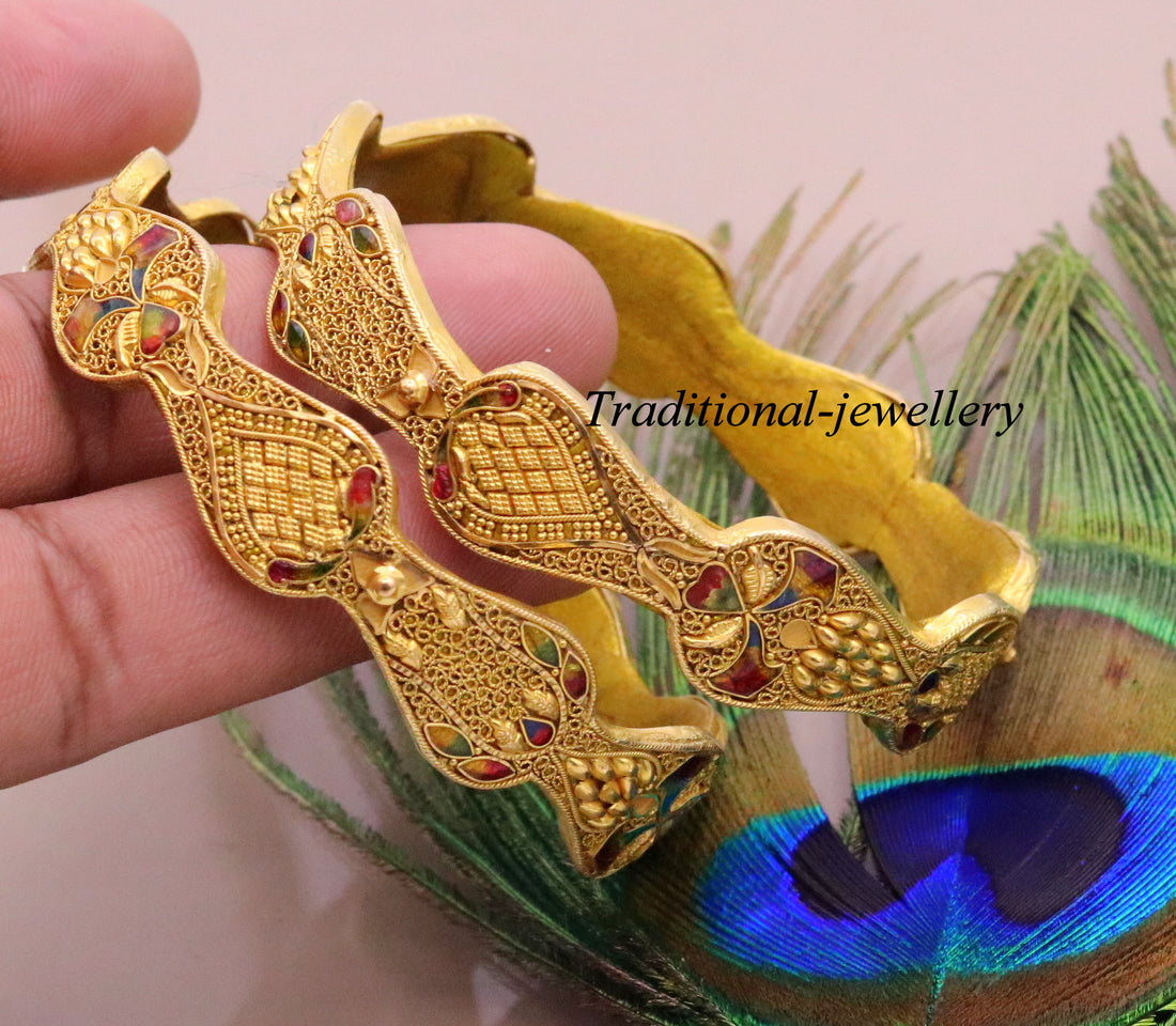 Genuine 22Kt yellow gold handmade solid filigree work bangle bracelet amazing design women's girl's bridal ba40  jewelry - TRIBAL ORNAMENTS