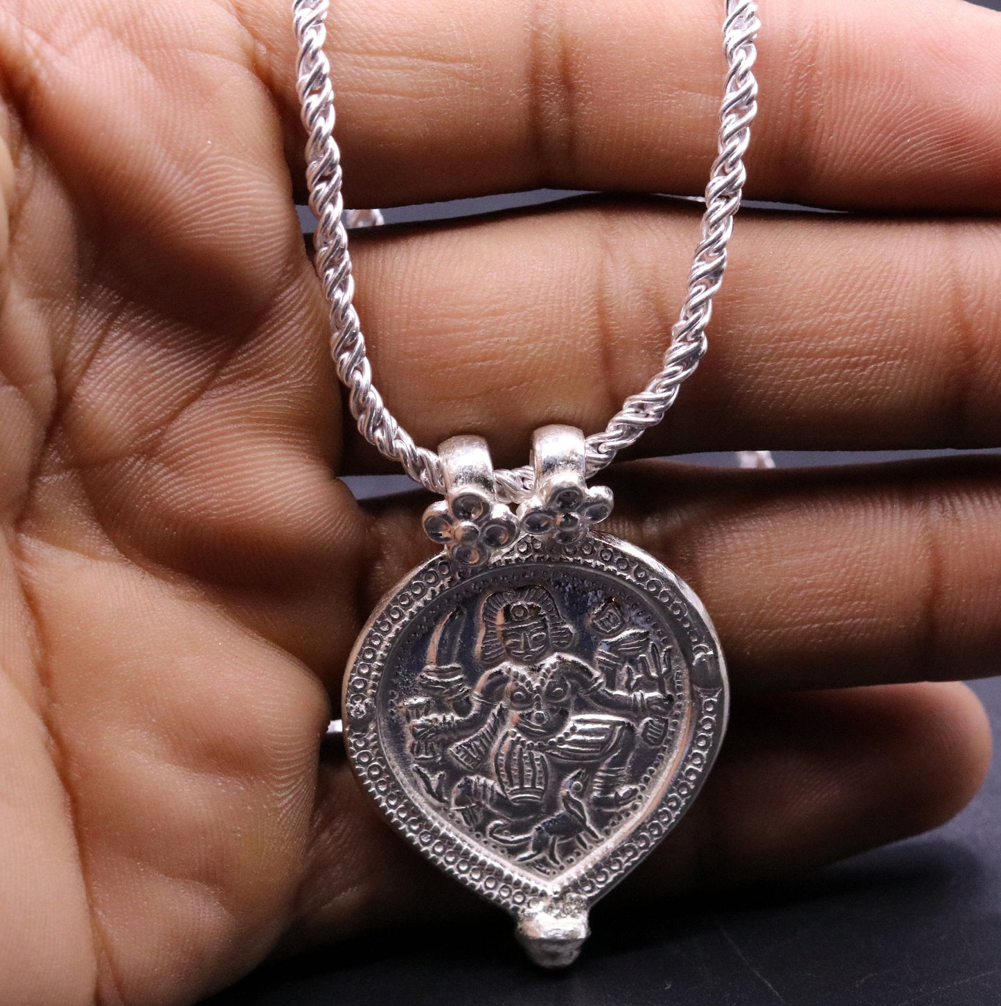 Indian tribal deity's bheru ji handmade solid silver pendant with necklace chain tribal jewelry for unisex nsp24 - TRIBAL ORNAMENTS
