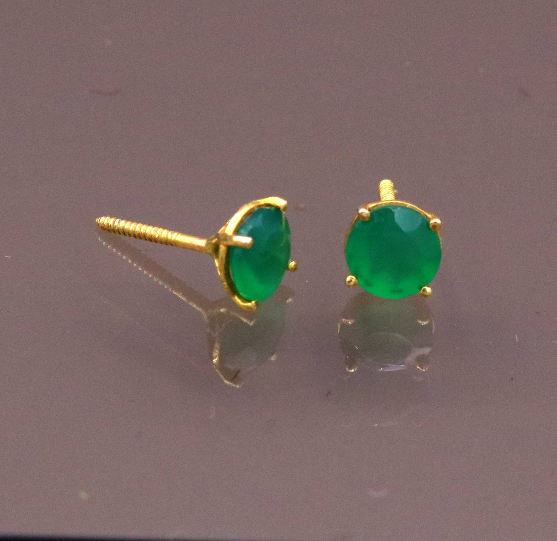 Handmade 18 karar yellow gold amazing green onyx stone stud earring excellent vintage antique design er90 - TRIBAL ORNAMENTS