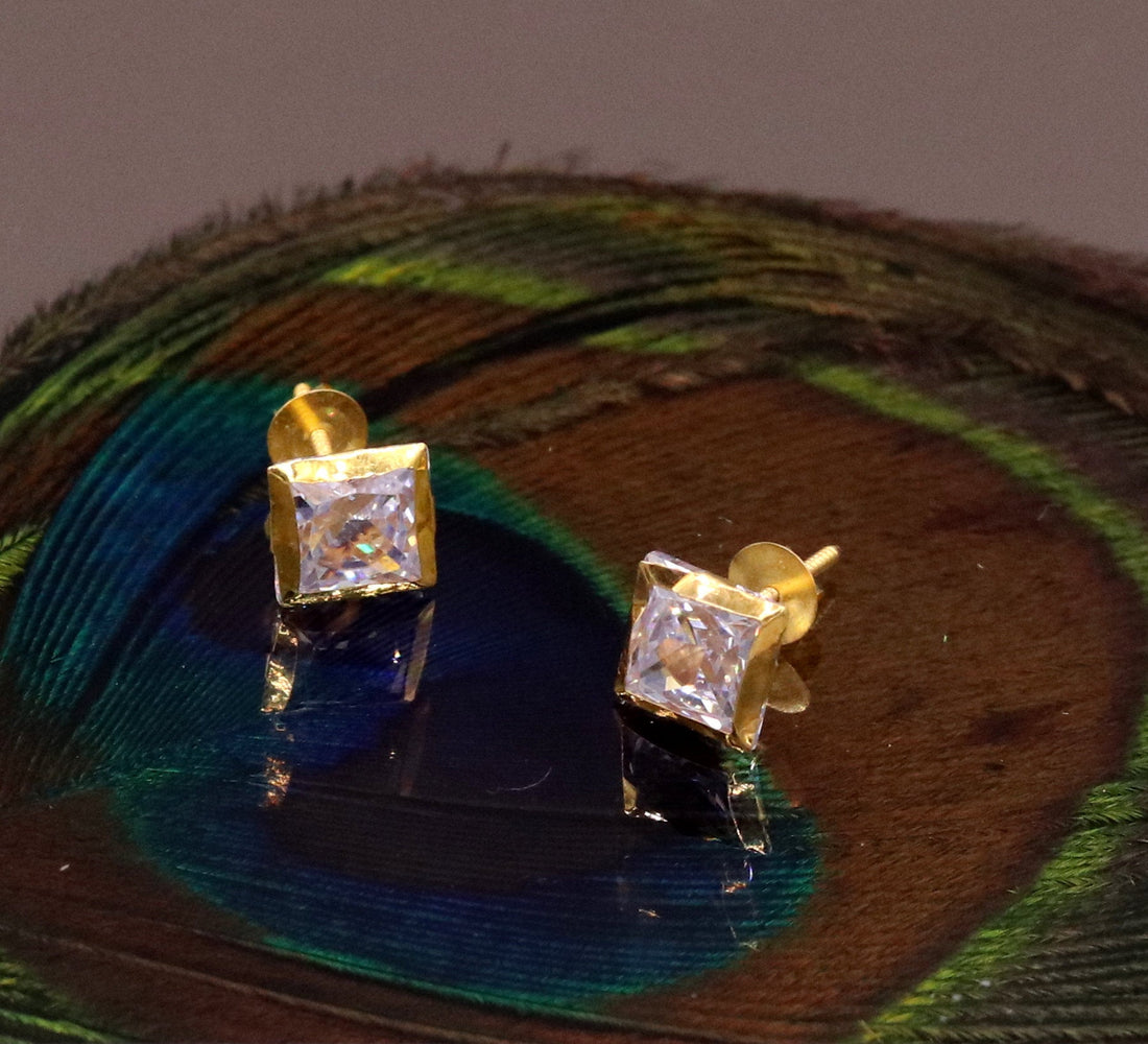 18 karat yellow gold handmade amazing square shape cubic zircon stone stud earring unisex jewelry er89 - TRIBAL ORNAMENTS