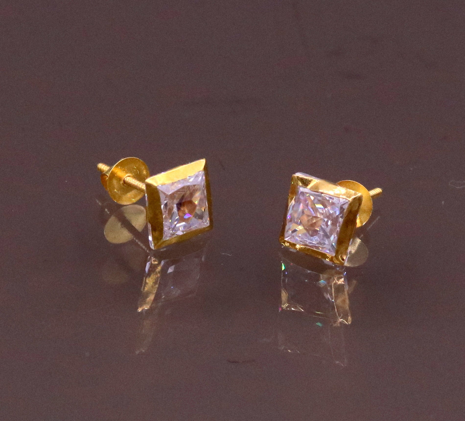 18 karat yellow gold handmade amazing square shape cubic zircon stone stud earring unisex jewelry er89 - TRIBAL ORNAMENTS