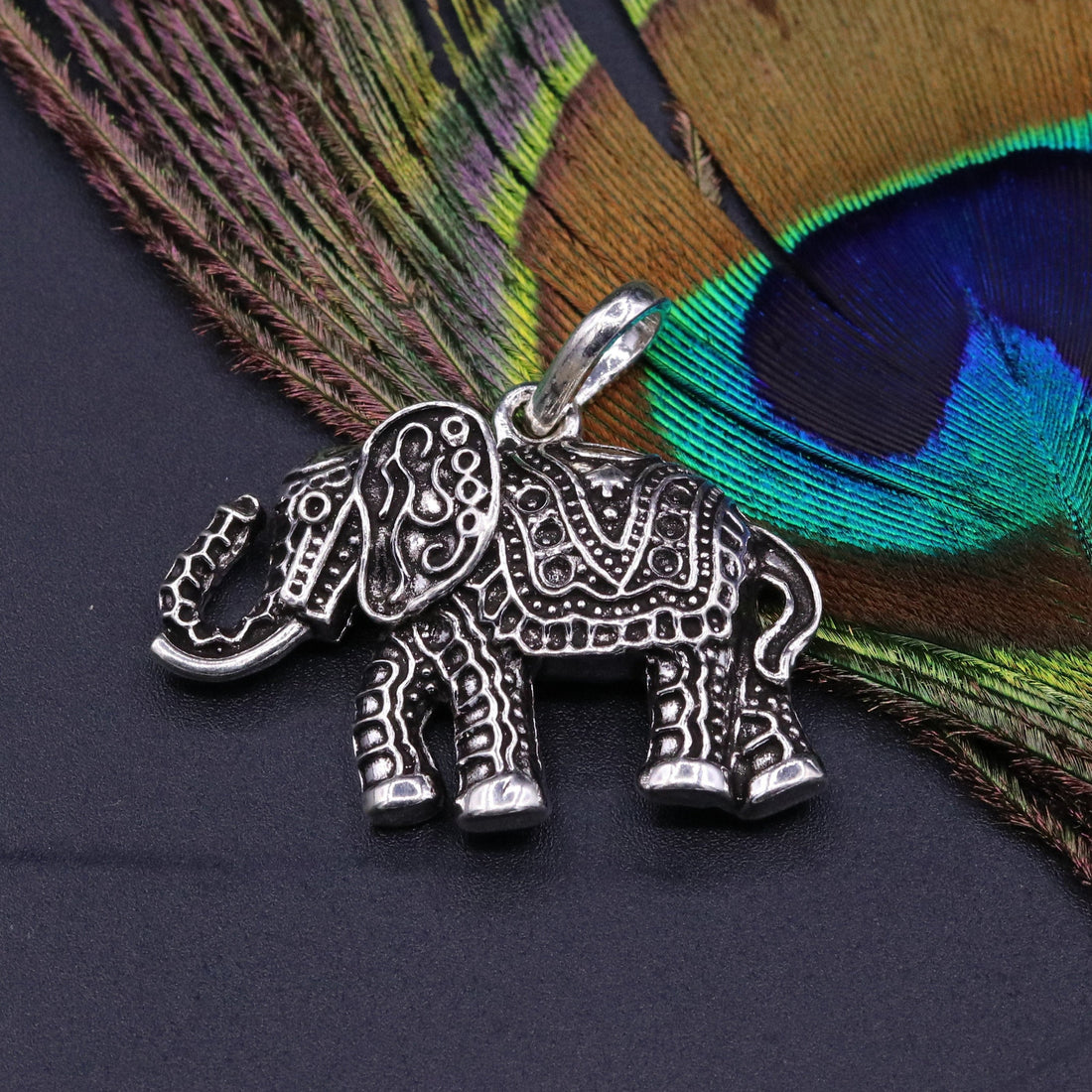 925 Sterling silver solid handmade elephant pendant excellent oxidized pendant with solid wheat chain tribal jewelry india nsp38 - TRIBAL ORNAMENTS